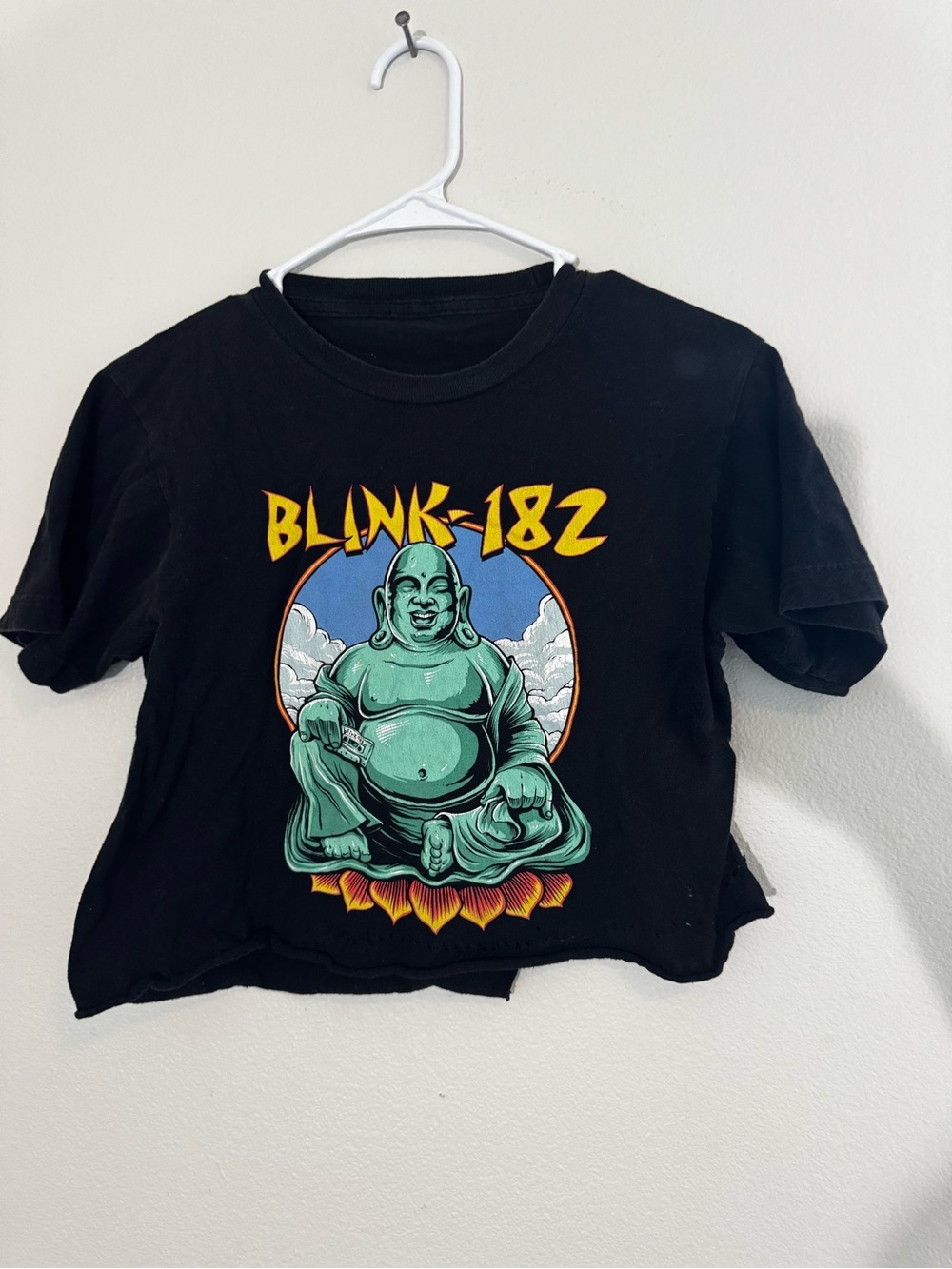 Blink 182 cropped Black Graphic Tee with Buddha Print